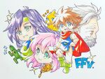  2boys 2girls bartz_klauser beard bird blue_eyes blue_tunic boots brooch brown_eyes brown_hair cactus chibi chocobo clenched_hands cloak closed_mouth facial_hair faris_scherwiz final_fantasy final_fantasy_v full_body galuf_halm_baldesion gem gold_collar green_cloak green_eyes green_footwear green_headband grey_hair hair_between_eyes headband highres jewelry lenna_charlotte_tycoon long_hair long_sleeves medium_hair motoko_(taom) multiple_boys multiple_girls mustache old old_man open_mouth pants parted_bangs parted_lips pink_hair popped_collar profile purple_hair red_cloak red_gemstone sabotender shirt short_hair siblings sisters smile sparkle spiked_hair traditional_media upper_body white_pants white_shirt 