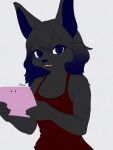  anthro blue_eyes blue_hair canid canine clothing female fox fur gaming grey_body grey_fur grey_hair hair hi_res mammal nintendo nintendo_2ds nintendo_ds_family open_mouth red_clothing red_shirt red_tank_top red_topwear shirt signature smile solo tank_top thekitsuyt topwear 