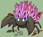  2023 ambiguous_feral ambiguous_gender anthozoan arthropod brown_body cnidarian coral crustacean fan_character feral flipside generation_1_pokemon green_background leaf marine moss nintendo no_pupils parasect pincher pink_body plant pokemon pokemon_(species) shaded simple_background standing three-quarter_view yellow_eyes 
