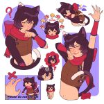  1girl animal_ears black_hair bloominflowers cat_ears cat_girl cat_tail claws crop_top dungeon_meshi izutsumi licking licking_hand multiple_views mushroom red_scarf scarf short_hair simple_background sleeping slit_pupils tail 