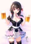  1girl absurdres alcohol beer beer_mug black_hair black_thighhighs blush bow braid breasts brown_hair cleavage commentary cowboy_shot crown_braid cup english_commentary hair_bow hair_ornament highres holding holding_cup kono_subarashii_sekai_ni_shukufuku_wo! large_breasts long_hair looking_at_viewer low_twintails maid mug necktie pink_necktie puffy_short_sleeves puffy_sleeves red_bow red_eyes second-party_source short_sleeves signature simple_background skirt solo standing thighhighs tongue twintails watari_masahito white_background yunyun_(konosuba) zettai_ryouiki 