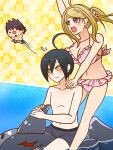  1girl 2boys ahoge akamatsu_kaede alternate_costume arm_up bare_arms bare_legs bare_shoulders barefoot bikini black_eyes black_hair black_male_underwear blonde_hair bow breasts checkered_background chibi cleavage closed_mouth collarbone commentary_request danganronpa_(series) danganronpa_v3:_killing_harmony eyelashes facial_hair feet_out_of_frame flat_chest flower flying_sweatdrops frilled_bikini frills goatee hair_between_eyes hair_flower hair_ornament hand_on_another&#039;s_shoulder happy inflatable_toy large_breasts leaf leaf_background light_blush long_hair looking_ahead male_swimwear male_underwear momota_kaito multiple_boys musical_note musical_note_hair_ornament navel no_nipples open_mouth pale_skin pink_bikini pink_bow pink_flower ponytail pool purple_eyes purple_hair red_flower saihara_shuichi shark short_hair simple_background smile solid_oval_eyes space_print spaghetti_strap speed_lines spiked_hair standing starry_sky_print stomach swim_trunks swimsuit teeth topless_male underwear upper_teeth_only yellow_background yellow_eyes yumaru_(marumarumaru) 