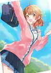  1girl absurdres ahoge arm_up bag blue_overskirt blue_ribbon blue_skirt blush breasts cardigan gakuen_idolmaster hadu_oekaki hanami_ume hatsuboshi_gakuen_school_uniform highres holding holding_bag idolmaster long_sleeves looking_at_viewer medium_breasts neck_ribbon outdoors pink_cardigan pleated_skirt ribbon school_uniform shirt skirt smile solo white_shirt 