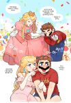 &gt;_&lt; big_nose blonde_hair blush bow brown_hair cheek_poking clothes_writing commentary_request curtsey dress facial_hair highres korean_commentary korean_text locked_arms mario mario_(series) mustache nightgown overalls pink_dress pink_nightgown poking pout princess_peach red_shirt shirt short_shinai ssuregigame t-shirt the_super_mario_bros._movie toad_(mario) translation_request unworn_headwear 