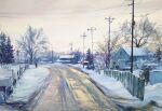  1other bare_tree day fence grey_sky house nara_watercolor no_humans original power_lines road sky snow street town tree utility_pole 
