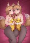  2girls absurdres alice_gear_aegis animal_ears black_pantyhose bow bowtie breasts brown_eyes feet_out_of_frame fox_ears fox_tail gold_leotard green_eyes highres holding_hands hutokumi kotomura_akane kotomura_amane long_hair looking_at_viewer low_twintails medium_breasts multiple_girls nontraditional_playboy_bunny pantyhose red_bow red_bowtie siblings sisters tail twins twintails 