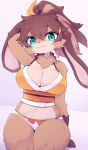  2024 absurd_res anthro big_breasts breasts brown_body brown_fur brown_hair cleavage clothed clothing devil-vox eyebrow_through_hair eyebrows eyelashes female fur gloves_(marking) green_eyes hair hand_behind_head hi_res kemono lagomorph lepi leporid long_ears looking_at_viewer looking_back looking_back_at_viewer lop_(star_wars_visions) mammal markings midriff navel neck_tuft ponytail rabbit smile solo star_wars star_wars_visions tan_body tan_fur translucent translucent_hair tuft 