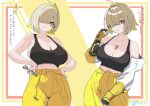  1977_oj3 1girl absurdres ahoge ass_visible_through_thighs bare_shoulders black_gloves black_shirt blonde_hair breasts cleavage clothes_around_waist collarbone crop_top elegg_(nikke) gloves goddess_of_victory:_nikke grin hair_intakes hair_over_eyes highres holding jacket jacket_around_waist large_breasts long_bangs looking_at_viewer multicolored_hair multiple_views navel pants purple_eyes shirt short_hair smile thigh_gap translation_request two-tone_hair wrench yellow_gloves yellow_pants 