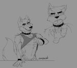  2023 anthro bongo_(yongdasom) bottomwear canid canine canis chin_piercing clothed clothing clothing_lift collar disembodied_hand hi_res looking_at_viewer male mammal monochrome pants petting scratching shirt shirt_lift signature sketch solo topwear wolf yongdasom 