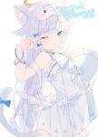  1girl ;o animal_ear_fluff animal_ears bare_shoulders bell blue_bow blue_eyes bow cat_ears cat_girl cat_tail choker commission cowboy_shot dress frilled_dress frilled_pillow frills hair_bow halo highres holding holding_pillow indie_virtual_youtuber komomo_(2899) long_hair looking_at_viewer mask mask_on_head one_eye_closed parted_lips pillow signature simple_background skeb_commission sleep_mask sleeveless sleeveless_dress solo tail tail_ornament virtual_youtuber white_background white_bow white_dress white_hair wings 