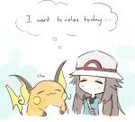  1girl blush_stickers brown_hair closed_eyes commentary deformed hat highres kash-phia leaf_(pokemon) pokemon pokemon_(creature) pokemon_frlg raichu shirt sketch sleeveless sleeveless_shirt thought_bubble vs_seeker white_hat 