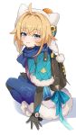  1girl absurdres ahoge animal_ears awe_(adorableduckyy) backpack bag black_gloves blonde_hair blue_bow blue_eyes blush bow capelet closed_mouth fake_animal_ears fur-trimmed_capelet fur_trim gloves hat highres honkai:_star_rail honkai_(series) hood looking_at_viewer lynx_landau official_alternate_costume pom_pom_(clothes) simple_background sitting smile snowflake_print solo white_background 