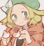  1girl bianca_(pokemon) blonde_hair blush_stickers closed_mouth commentary glasses green_eyes green_hat hat jacket mbkmmm open_clothes open_jacket orange_jacket pokemon pokemon_bw2 short_hair smile solo symbol-only_commentary unworn_eyewear upper_body 