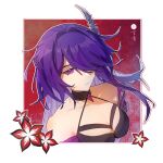 1girl acheron_(honkai:_star_rail) armor bare_shoulders black_choker breasts choker ciyanweiqing cleavage commentary_request criss-cross_halter cropped_shirt cropped_shoulders flower hair_intakes hair_ornament hair_over_one_eye halterneck highres honkai:_star_rail honkai_(series) large_breasts long_hair looking_at_viewer purple_eyes purple_hair red_background red_flower shoulder_armor simple_background solo twitter_username two-tone_background white_background 