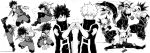  2boys absurdres bakugou_katsuki boku_no_hero_academia boots clenched_hand clenched_teeth fist_bump freckles gloves greyscale gym_uniform high_collar high_kick highres kicking looking_at_another male_focus midoriya_izuku monochrome multiple_boys outstretched_arm scar simple_background sleeveless split superhero_costume teeth u.a._gym_uniform uniform white_background yazaki_(yazakc) 