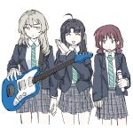  3girls awa_subaru black_hair black_jacket blue_eyes closed_eyes closed_mouth commentary_request cowboy_shot electric_guitar expressionless girls_band_cry green_necktie grey_eyes grey_skirt guitar hair_ribbon highres holding holding_guitar holding_instrument holding_microphone instrument iseri_nina jacket kawaragi_momoka light_brown_hair long_hair long_sleeves microphone multiple_girls necktie odore_(suzukisakana001) open_mouth own_hands_together plaid plaid_skirt plant_roots pleated_skirt red_hair ribbon school_uniform shirt short_twintails simple_background skirt smile twintails white_background white_ribbon white_shirt 