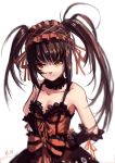  1girl 2017 asymmetrical_hair bangs black_hair black_sleeves breasts choker cleavage collarbone date_a_live dated detached_sleeves dress eyebrows_visible_through_hair hair_ribbon hand_on_hip heterochromia highres lolita_fashion long_hair looking_at_viewer maid_headdress medium_breasts red_eyes red_ribbon ribbon signature simple_background sketch sleeveless sleeveless_dress smile solo tokisaki_kurumi twintails very_long_hair white_background xiaobanbei_milk yellow_eyes 