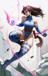  1girl artist_name bare_shoulders blue_gloves breasts brown_eyes brown_hair cameltoe clenched_hands curvy elbow_gloves energy energy_sword full_body gloves highleg highleg_leotard highres large_breasts leotard long_hair looking_to_the_side marvel psychic psylocke red_sash revealing_clothes sash shiny_clothes shiny_skin skin_tight solo sword swwhenry thick_thighs thighs thong_leotard toned toned_female waist_sash weapon wide_hips x-men 
