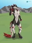  absurd_res anthro clothed clothing digitigrade female fingers fur hi_res holding_object knife looking_at_viewer outside red_body sergal sheza sheza_soulscar simple_background smile solo standing tail tail_tuft teremunart tuft white_body white_fur 