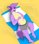  absurd_res anthro beach beach_towel belly clothing cringefurryartist hi_res male purple_body sleeping solo towel underwear 