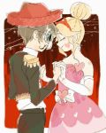  1girl alternate_hairstyle bad_id bad_pixiv_id blonde_hair clairki10 closed_eyes dancing dress elbow_gloves facial_mark gloves hair_bun hairband hat heart heart_cheeks horned_headwear marco_diaz pink_dress skull_mask star_butterfly star_vs_the_forces_of_evil strapless strapless_dress white_gloves 