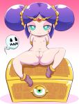  1girl flat_chest ghost green_eyes half-closed_eyes looking_at_viewer navel nipples nollety nude pandora_(youkai_watch) pants purple_hair pussy sitting smile solo treasure_chest youkai_(youkai_watch) youkai_watch youkai_watch_3 