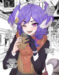  1girl absurdres asymmetrical_arms black_jacket black_nails braid brown_sweater clock coffee_cup cowboy_shot cup disposable_cup english_text fangs head_wings highres jacket long_hair looking_at_viewer mayoa nijisanji nijisanji_en one_eye_closed open_mouth outdoors pov purple_eyes purple_hair selen_tatsuki slit_pupils smile solo sweater tail train_station twin_braids virtual_youtuber wings 