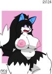  absurd_res accessory anthro belly big_breasts black_body black_fur blue_ears breasts canid canine canis emily_(paladyart98) female fur genitals hair_accessory hi_res mammal nipples paladyart98 pink_nipples purple_eyes pussy sibling_(lore) simple_background sister_(lore) slightly_chubby solo tail thick_thighs white_body white_fur wolf 