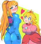  2girls absurdres arms_behind_back artist_progress ass back bbycheese blonde_hair blue_eyes blush bodysuit breasts brooch closed_mouth crown dress earrings elbow_gloves embarrassed feet_out_of_frame from_behind gloves heart highres jewelry lips lipstick long_dress long_hair looking_at_another looking_back makeup mario_(series) metroid multiple_girls nose_blush pink_dress ponytail princess_peach puffy_short_sleeves puffy_sleeves redrawn samus_aran short_sleeves shy sidelocks simple_background skin_tight smile sphere_earrings white_background white_gloves zero_suit 