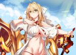  1girl ahoge blonde_hair bow bracelet breasts cloud commentary_request fate/grand_order fate_(series) green_eyes groin hair_bow hair_intakes hand_on_own_chest jewelry kurozawa_yui long_hair looking_at_viewer navel nero_claudius_(fate) nero_claudius_(swimsuit_caster)_(fate) outdoors sky solo swimsuit sword turret weapon 