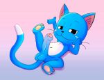 anthro balls big_penis blue_fur cat cute dipstick_tail erection exceed fairy_tail feline fur happy_(fairy_tail) long_tail looking_at_viewer mammal multicolored_tail navel penis pink_background presenting simple_background solo uncut wattacat white_fur young 