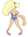  anthro avian bird blonde_hair butt chrysolophus clothed clothing don_bluth ear_piercing eyeshadow female galliform golden_pheasant goldie_pheasant hair looking_away makeup phasianid piercing robcivecat rock-a-doodle smile solo standing topless undressing 