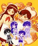  2girls 4boys aubrey_(headspace)_(omori) aubrey_(omori) baguette ball barefoot biscuit_(omori) black_eyes black_hair blue_shirt blush bow bread bread_slice brown_eyes brown_hair chibi closed_mouth colored_skin croissant doughie_(omori) expressionless food hair_bow hero_(headspace)_(omori) hero_(omori) highres holding holding_ball holding_knife holding_spatula holding_stuffed_toy kel_(headspace)_(omori) kel_(omori) knife loaf_of_bread long_hair long_sleeves looking_at_viewer multiple_boys multiple_girls o_tori_mhyk omori omori_(omori) pajamas pink_bow purple_eyes purple_hair sesame_(omori) shirt short_hair short_sleeves slice_(omori) smile spatula stuffed_eggplant stuffed_toy vertical-striped_pajamas white_skin 
