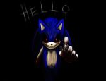  anthro blood blue_body blue_fur bodily_fluids breaking_the_fourth_wall clothing cracked_screen creepypasta dialogue eulipotyphlan evil_grin fur gloves handwear hedgehog looking_at_viewer male mammal red_eyes sega sharp_teeth smile solo sonic.exe sonic.exe_(creepypasta) sonic_the_hedgehog_(series) teeth text usagipixels 