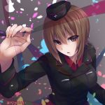  bangs black_hat black_jacket brown_eyes brown_hair dress_shirt eyebrows_visible_through_hair garrison_cap girls_und_panzer grabbing hat head_tilt jacket kuromorimine_military_uniform long_sleeves looking_at_viewer military military_hat military_uniform nishizumi_maho parted_lips petals red_shirt ribbon shirt short_hair solo standing twitter_username uniform upper_body wing_collar yunagi_(arukumaruta) 