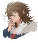  1boy blue_jacket brown_hair chinese_commentary cigarette commentary_request fur-trimmed_jacket fur_trim green_eyes hair_between_eyes hanzi_(hanzi33509) highres isoi_reiji jacket long_sleeves male_focus medium_hair open_clothes open_jacket portrait red_shirt saibou_shinkyoku shirt simple_background smoke smoking solo white_background 
