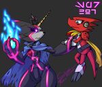  anthro asphyxiation bandai_namco black_body black_sclera blue_eyes blue_fire choking colored_fire digimon digimon_(species) duo electronics fire gulusgammamon headphones horn male red_body scalie scarf shoutmon size_difference spr297 
