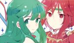  2girls closed_mouth commentary fire_emblem fire_emblem:_mystery_of_the_emblem green_eyes green_hair green_headband headband long_hair looking_at_viewer mbkmmm minerva_(fire_emblem) multiple_girls palla_(fire_emblem) red_eyes red_hair short_hair sidelocks smile symbol-only_commentary upper_body white_headband 
