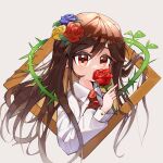  1girl absurdres ascot blue_flower blue_rose brown_eyes brown_hair commentary covering_own_mouth flower grey_background highres ib_(ib) ib_(kouri) kuangketi long_hair long_sleeves picture_frame red_ascot red_flower red_rose rose shirt simple_background solo thorns upper_body white_shirt white_sleeves yellow_flower yellow_rose 