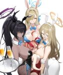  4girls :d absurdres ahoge akane_(blue_archive) akane_(bunny)_(blue_archive) angry animal_ears aqua_bow arm_at_side ass asuna_(blue_archive) asuna_(bunny)_(blue_archive) backless_leotard bare_arms bare_shoulders bent_over between_breasts black_hair black_leotard blue_archive blue_bow blue_eyes blue_halo blue_leotard blue_ribbon blush bow breast_pile breast_rest breasts breasts_on_head brown_halo cleaning_&amp;_clearing_(blue_archive) cleavage closed_eyes closed_mouth cup dangoose dark-skinned_female dark_skin detached_collar drinking_glass expressionless expressions fake_animal_ears fake_tail fishnet_pantyhose fishnets girl_sandwich glasses gloves hair_between_breasts hair_between_eyes hair_intakes hair_over_one_eye hair_ribbon half-closed_eyes halo hand_on_own_arm hand_on_own_chest head_between_breasts highres holding holding_tray huge_ahoge huge_breasts karin_(blue_archive) karin_(bunny)_(blue_archive) leotard light_blush light_brown_hair long_hair looking_at_viewer mole mole_on_breast multiple_girls neru_(blue_archive) neru_(bunny)_(blue_archive) official_alternate_costume official_alternate_hairstyle open_mouth oversized_breast_cup pantyhose playboy_bunny ponytail purple_halo rabbit_ears rabbit_tail red_eyes red_hair red_leotard ribbon sandwiched short_hair sideboob sidelocks simple_background small_breasts smile strapless strapless_leotard sweatdrop swept_bangs tail tray v-shaped_eyebrows very_long_hair wavy_hair white_background white_gloves white_leotard white_pantyhose yellow_eyes 