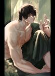  1boy absurdres black_hair blurry depth_of_field forest fushiguro_touji green_robe highres jujutsu_kaisen light light_particles male_focus muscular muscular_male nature pectorals robe scar scar_on_face scar_on_hand scar_on_mouth short_hair solo topless_male tree tune_oekk 