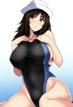  bangs black_eyes black_hair black_swimsuit blue_background breasts closed_mouth competition_swimsuit eyebrows_visible_through_hair frown girls_und_panzer gradient gradient_background hands_on_own_chest head_tilt highleg highleg_swimsuit highres koujun_(mugenzero) large_breasts long_hair looking_at_viewer murakami_(girls_und_panzer) one-piece_swimsuit sitting solo swimsuit wariza 