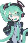 ahoge android bright_pupils broken_miku&#039;s_tail_(meme) cable_hair cheri_zao colored_tongue green_eyes green_hair green_necktie green_tongue grey_shirt hatsune_miku highres long_hair meme necktie ringed_eyes robot_girl shirt upper_body very_long_hair vocaloid 