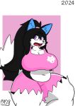  absurd_res accessory anthro belly black_body black_fur blue_ears canid canine canis emily_(paladyart98) female fur hair_accessory hi_res mammal paladyart98 purple_eyes sibling_(lore) simple_background sister_(lore) slightly_chubby solo tail thick_thighs white_body white_fur wolf 
