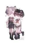  2boys :3 aged_down animal_ears arm_hug black_footwear black_shorts black_socks bow bowtie brown_hair cat_boy cat_ears cat_tail chibi child closed_mouth collared_shirt full_body grey_hair heart highres ilay_riegrow jeong_taeui light_blush long_sleeves male_focus multiple_boys passion_(manhwa) shirt shoes shorts simple_background snow_leopard_boy snow_leopard_ears snow_leopard_tail socks sweater_vest tail twitter_username walking white_background white_shirt white_shorts whiteislife_4 yaoi 