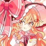  1girl black_shirt blonde_hair braid can collared_shirt food fruit hat highres holding holding_can holding_food holding_fruit kirisame_marisa long_hair pink_ribbon red_theme ribbon shirocha_tei shirt side_braid solo tongue tongue_out touhou twitter_username upper_body white_shirt witch witch_hat yellow_eyes 