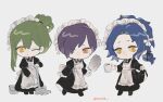  3boys absurdres apron black_dress blue_hair chesed_(project_moon) cup dress duster full_body green_hair hair_over_one_eye hand_up highres holding holding_cup holding_duster holding_mop juliet_sleeves library_of_ruina long_sleeves low_ponytail maid maid_apron maid_headdress mesoold mop mug multiple_boys netzach_(project_moon) parted_bangs project_moon puffy_sleeves purple_hair simple_background white_apron white_background yesod_(project_moon) 
