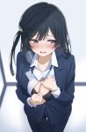  1girl absurdres black_bra black_hair blue_coat blue_pants blurry blurry_background blush bra breasts cleavage coat collared_shirt commentary_request grey_eyes highres ikesho0612 lapels large_breasts long_hair looking_to_the_side love_live! love_live!_nijigasaki_high_school_idol_club nose_blush office_lady open_mouth pants partially_unbuttoned shirt solo suit underwear white_shirt yuki_setsuna_(love_live!) 