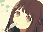  1girl braid brown_eyes brown_hair close-up closed_mouth collarbone eyelashes holding holding_spoon long_hair looking_at_viewer maco22 original ringed_eyes romaji_text signature solo spoon translation_request 
