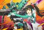  between_breasts black_hair bodysuit breasts brown_eyes commentary_request e5_hayabusa_(shinkalion) floating_hair gloves gradient gradient_background hand_on_own_chest headset high_ponytail highres index_finger_raised kurebayashi_yuzuki long_hair mecha official_art open_mouth orange_background pilot_suit shinkansen_henkei_robo_shinkalion sidelocks skin_tight standing sword v-shaped_eyebrows weapon wixoss 